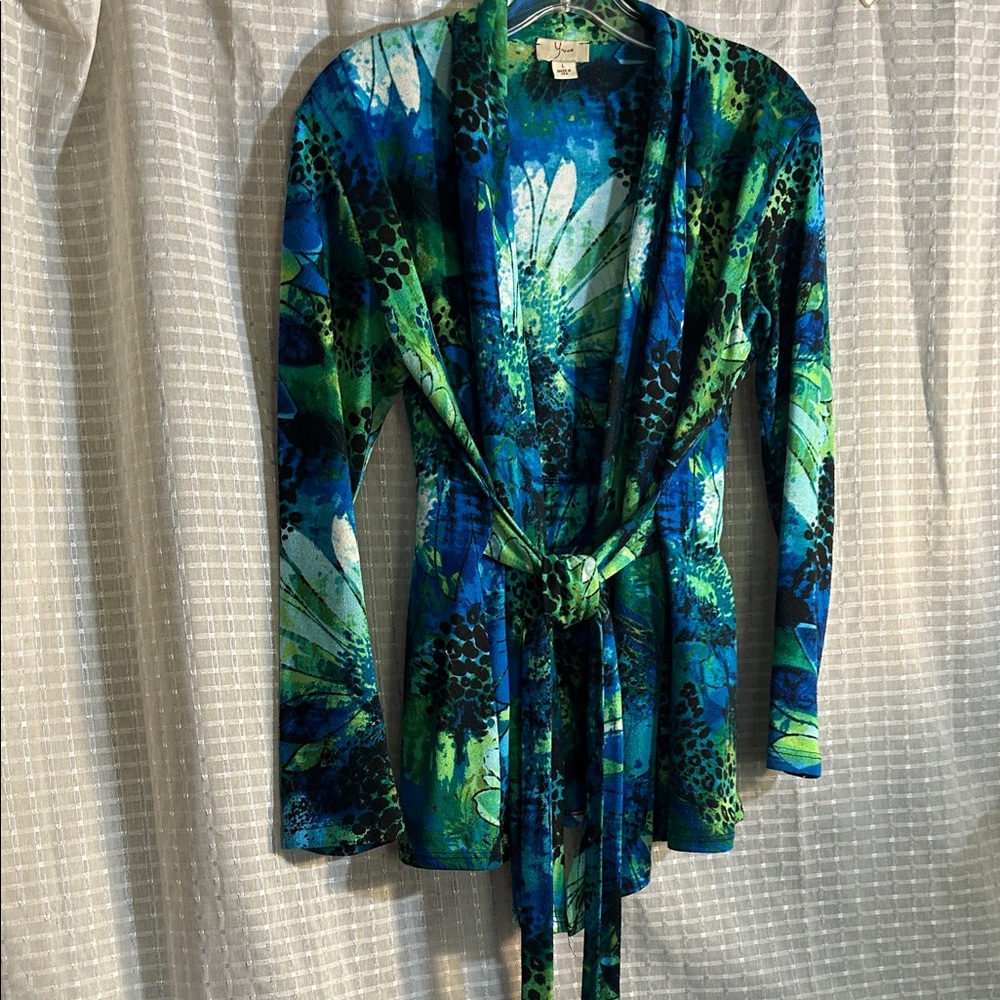 Vibrant Blue and Green Tie-Waist Cardigan